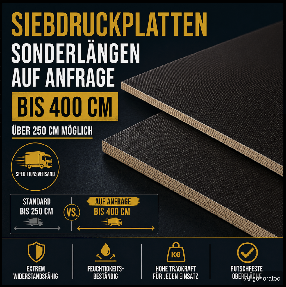Siebdruckplatten SD12565-125-250M, Sonderlängen bis 400 cm, rutschfeste Oberfläche, feuchtigkeitsbeständig, extrem widerstand