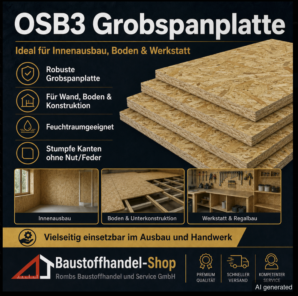 OSB3 Grobspanplatte 15 mm, 3000x1250 mm, feuchtemperaturbeständig, für Innenausbau und Werkstatt
