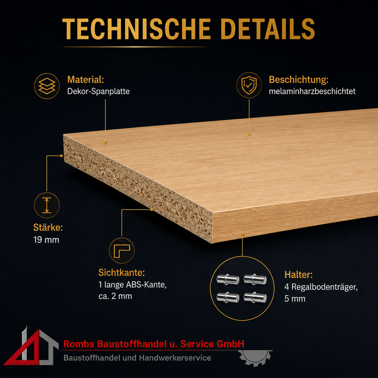 Einlegeboden Buche hell 19 mm, Dekor-Sperrholz, melaminharzbeschichtet, mit 1 langer ABS-Kante, 4 Regalbodenträgern