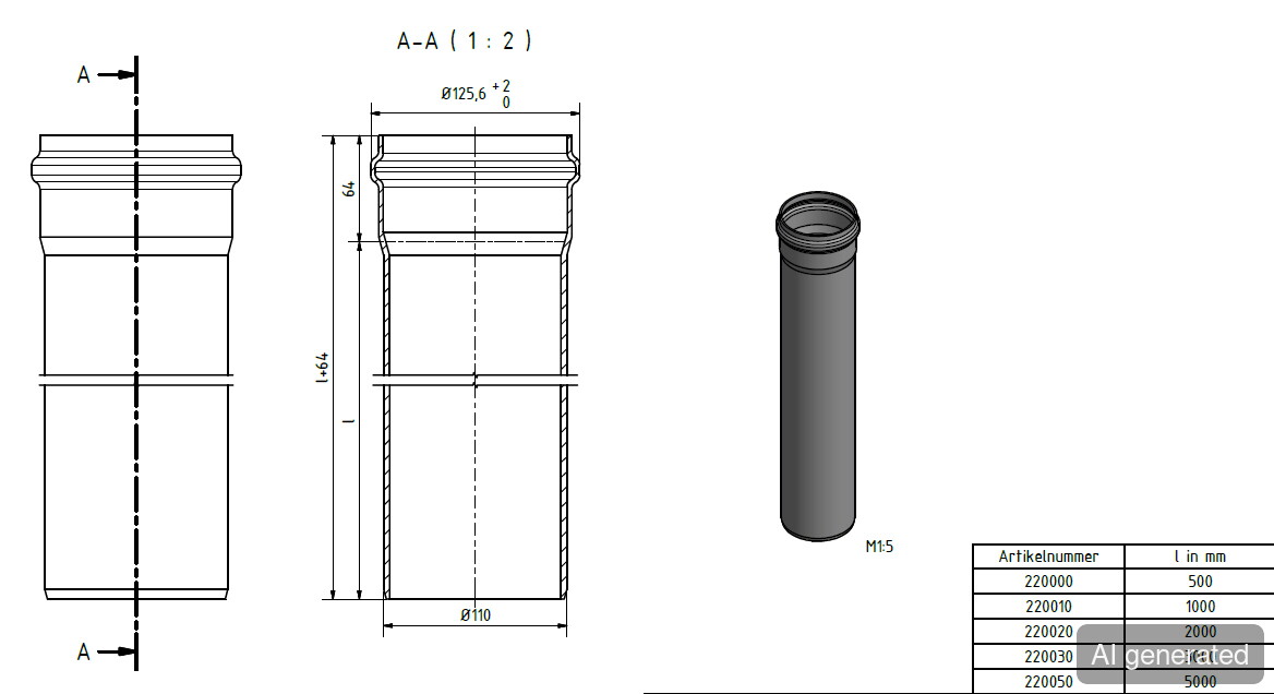 KG-Rohr 220000, Durchmesser 250 mm, Länge 500 mm, mit technischen Zeichnungen und Maßangaben