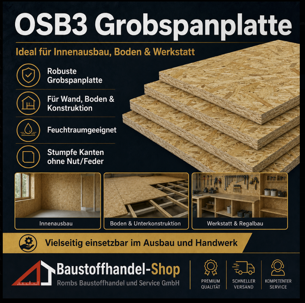 OSB3 Grobspanplatte 15 mm, 3000x1250 mm, feuchtemperaturbeständig, für Innenausbau und Werkstatt