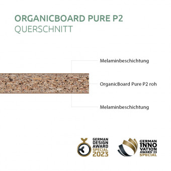 DSP-Organic-R20128-RU Querschnitt, Melaminbeschichtung, OrganicBoard Pure P2 roh, Melaminbeschichtung
