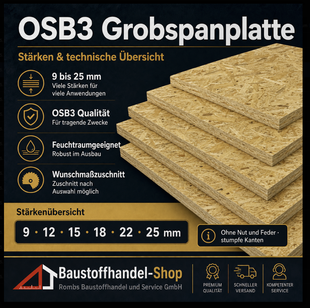 OSB3 Grobspanplatte 15 mm, feuchtigkeitsbeständig, Nut+Feder, verschiedene Stärken 9 bis 25 mm verfügbar