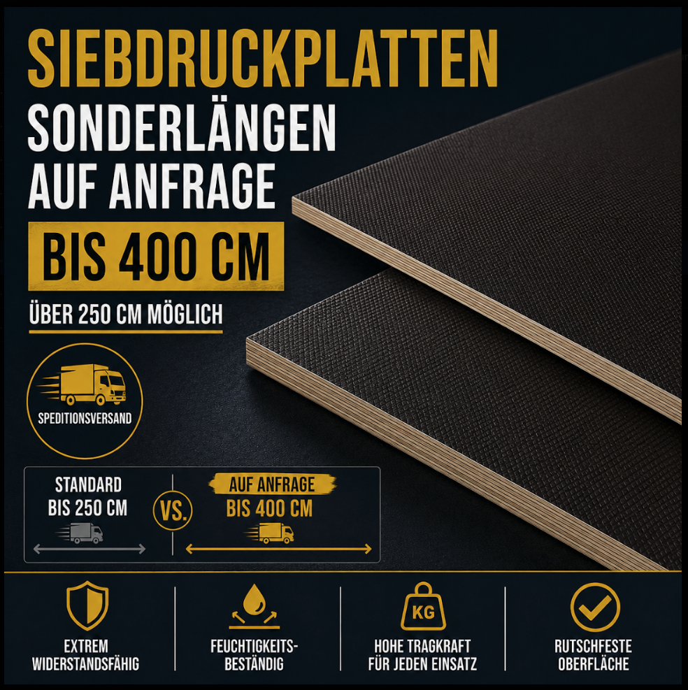 Siebdruckplatten SD12565-125-250M, Sonderlängen bis 400 cm, rutschfeste Oberfläche, feuchtigkeitsbeständig, extrem widerstand