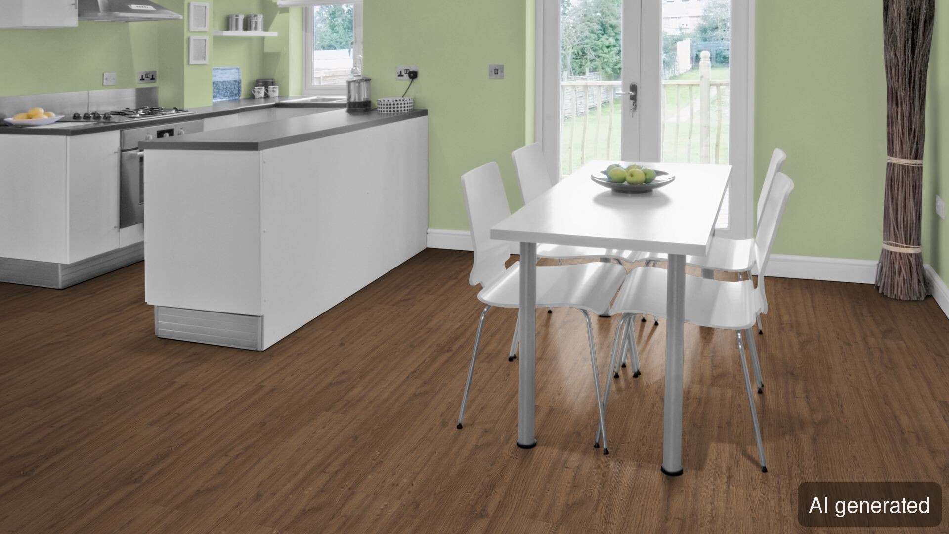 Vinyl-Vulcan, Holzoptik in braun, schwimmend verlegt im Wohnraum, kombiniert mit weißen Möbeln
