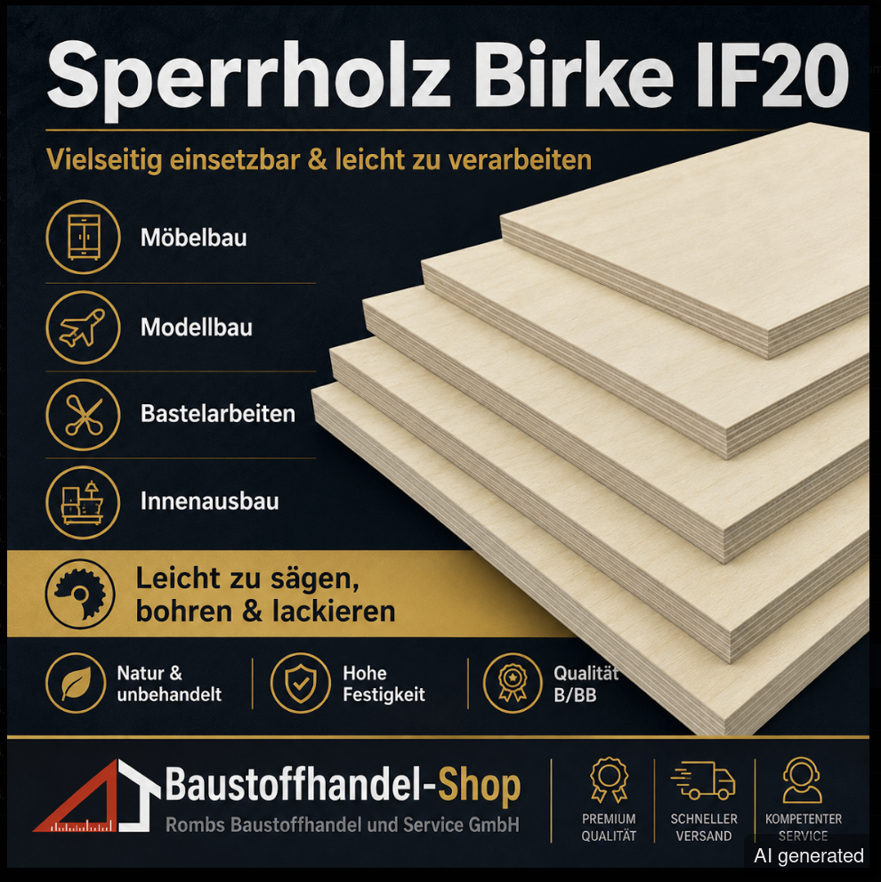 Sperrholz Birke IF20, vielseitig einsetzbar, 3 Plattenstärken, geeignet für Möbelbau, Modellbau, Bastelarbeiten und Innenausb
