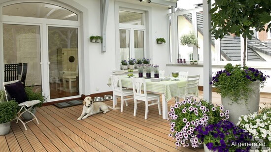 Terrassendiele TD-KD-AB-kD-27-143-, 27 mm dick, hellbraun, für Außenbereich geeignet, verlegt auf Terrasse mit Gartenmöbeln u