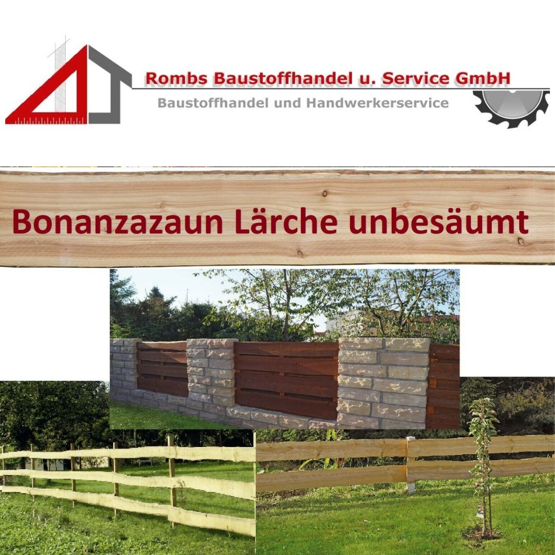 Bonanzazaun Lärche unbesäumt, verschiedene Elemente, Kombination aus Holz und Stein, vielseitig einsetzbar