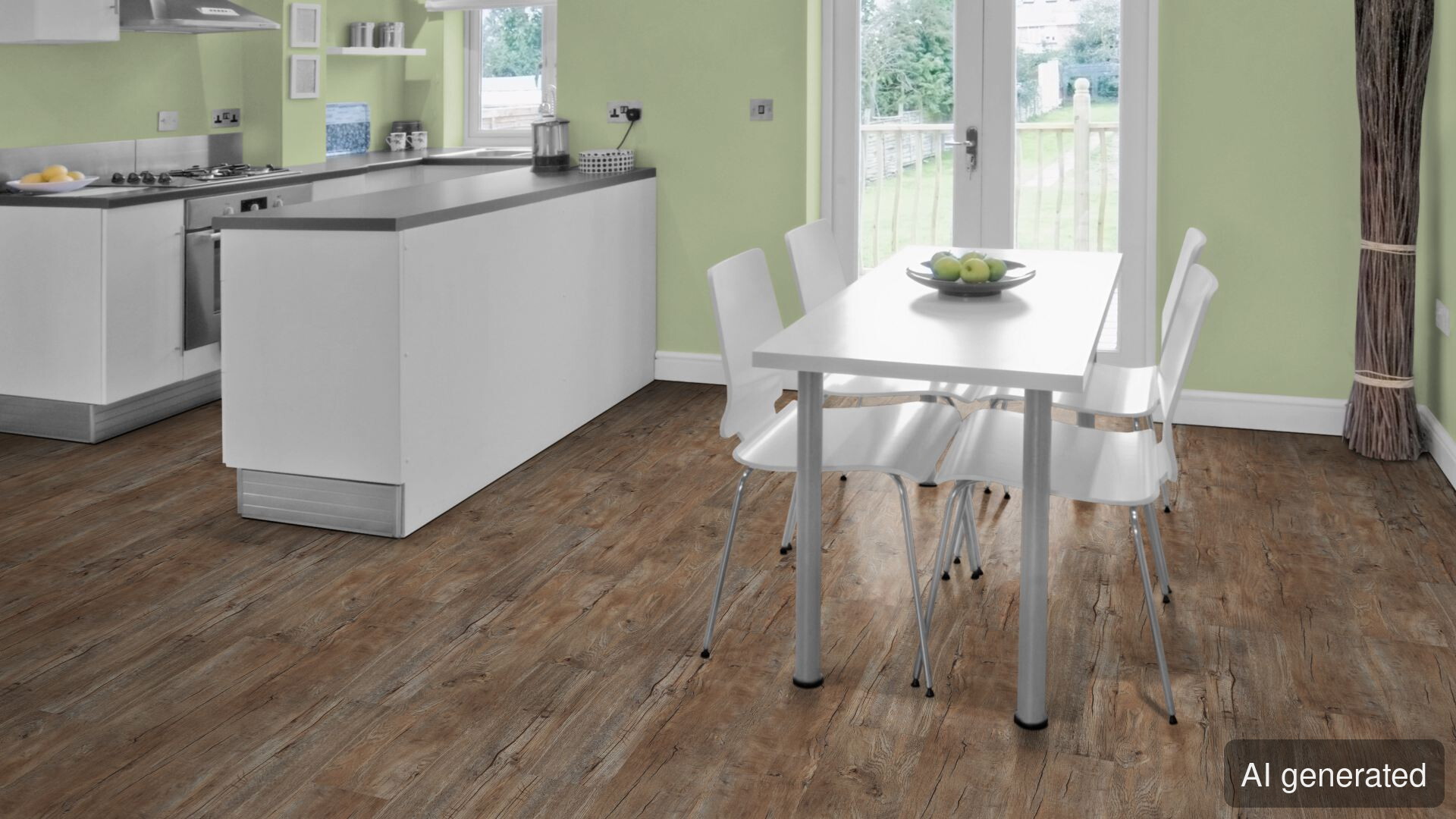Vinyl-Hera Bodenbelag in Holzoptik, braun, schwimmend verlegt im Wohnraum mit Küche und Essbereich