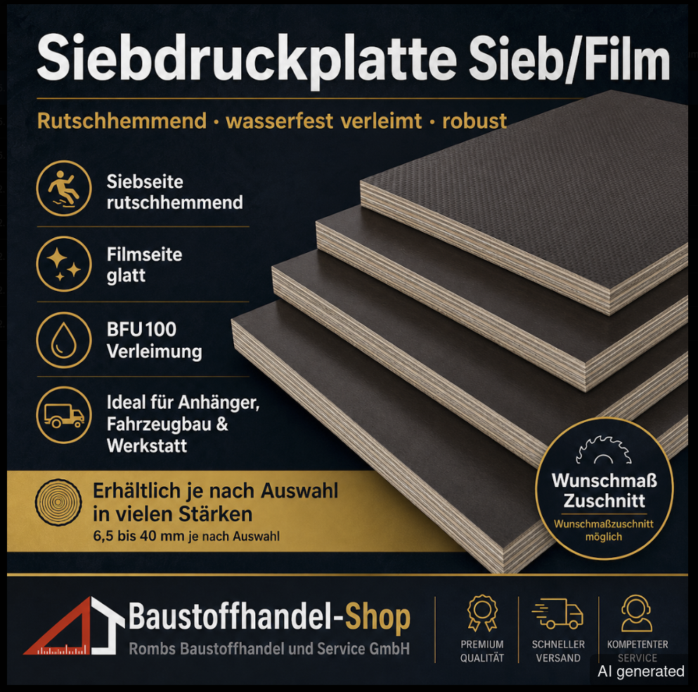 Siebdruckplatte Sieb/Film 18 mm, rutschhemmend, wasserfest verleimt, für Anhänger und Fahrzeugbau, Wunschzuschnitt verfügbar