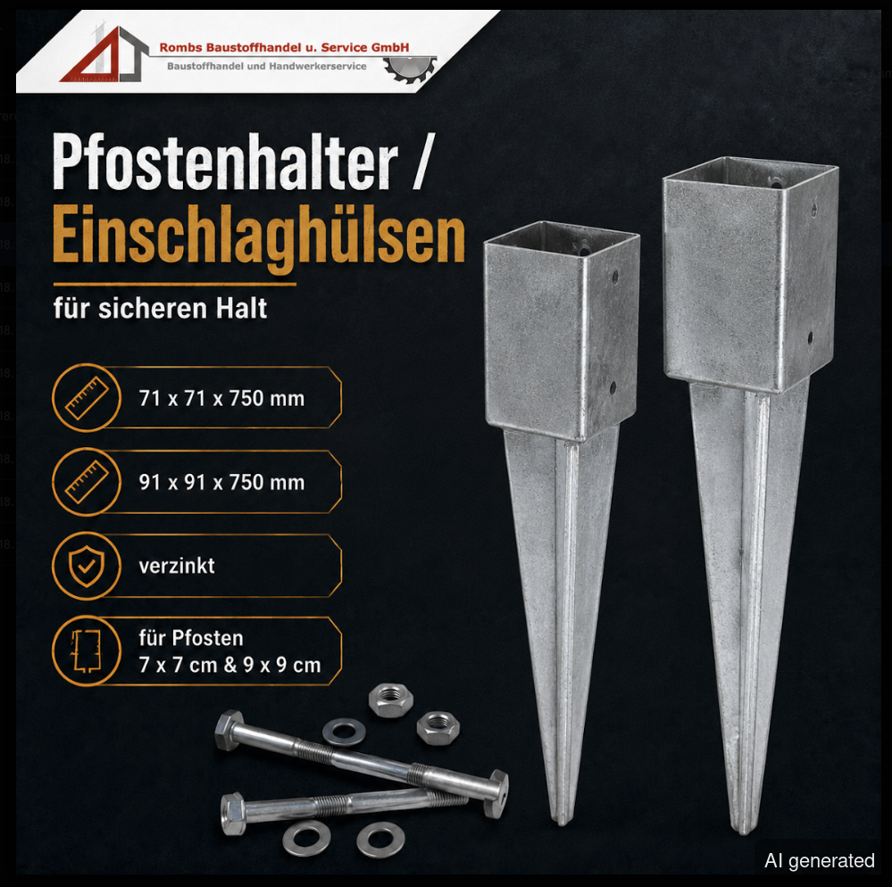 Pfostenhalter Einschlaghülsen 71x71 mm und 91x91 mm, 750 mm lang, verzinkt, für Pfosten 7x7 cm und 9x9 cm, inklusive Schraube