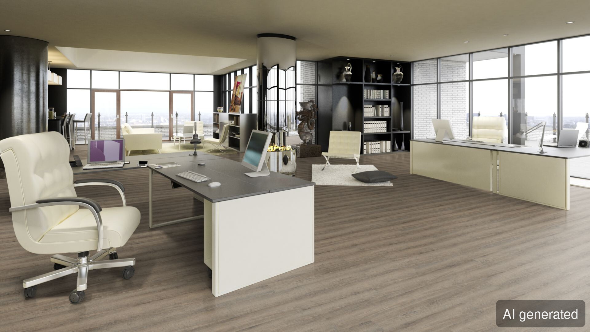 Vinyl-Apollo, Holzoptik, schwimmend verlegt im Büro, helle Farbgebung, moderne Einrichtung