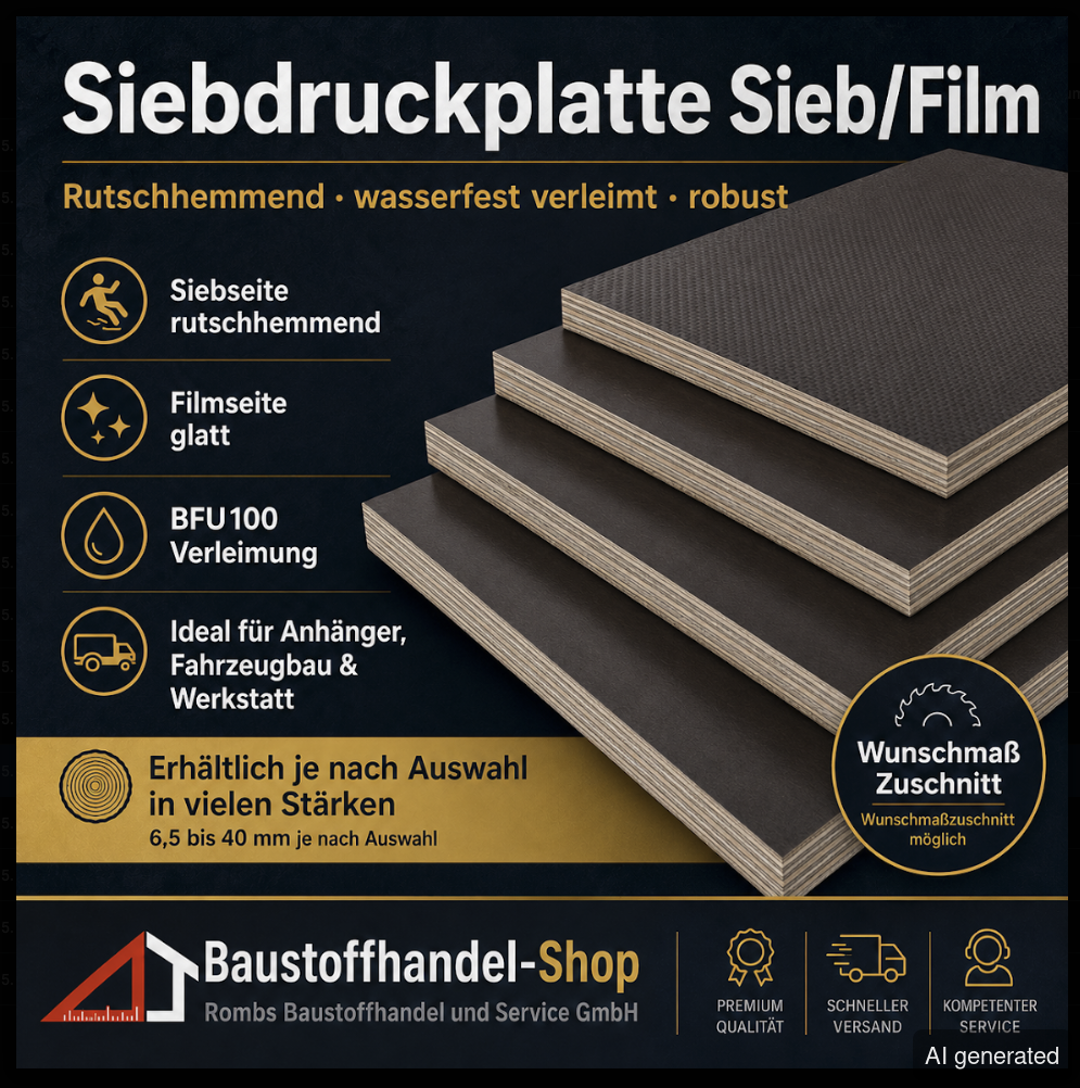 Siebdruckplatte SD12565-125-10M, rutschhemmend, wasserfest verleimt, robust, erhältlich in verschiedenen Stärken