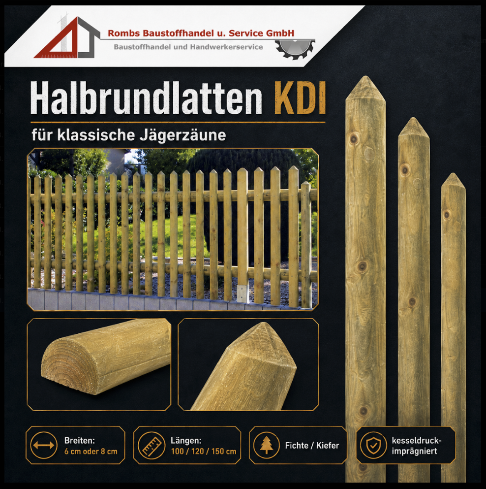 Halbrundlatten KDI für klassische Jägerzäune, Breite 6 cm oder 8 cm, Länge 100/120/150 cm, kesseldruckimprägniert, Fichte/Kie