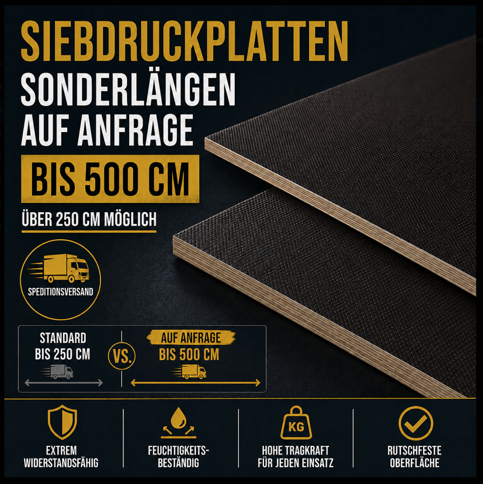 Siebdruckplatte SD12565-125-250M, Standardlängen bis 250 cm, Sonderlängen bis 500 cm, rutschfest, feuchtigkeitsbeständig