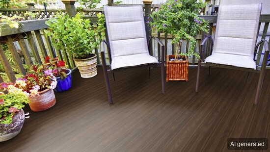 TD-System-Frank-21-130- Terrassendiele, dunkelbraun, Holzoptik, für Außenbereich geeignet, verlegt auf Terrasse mit Pflanzen