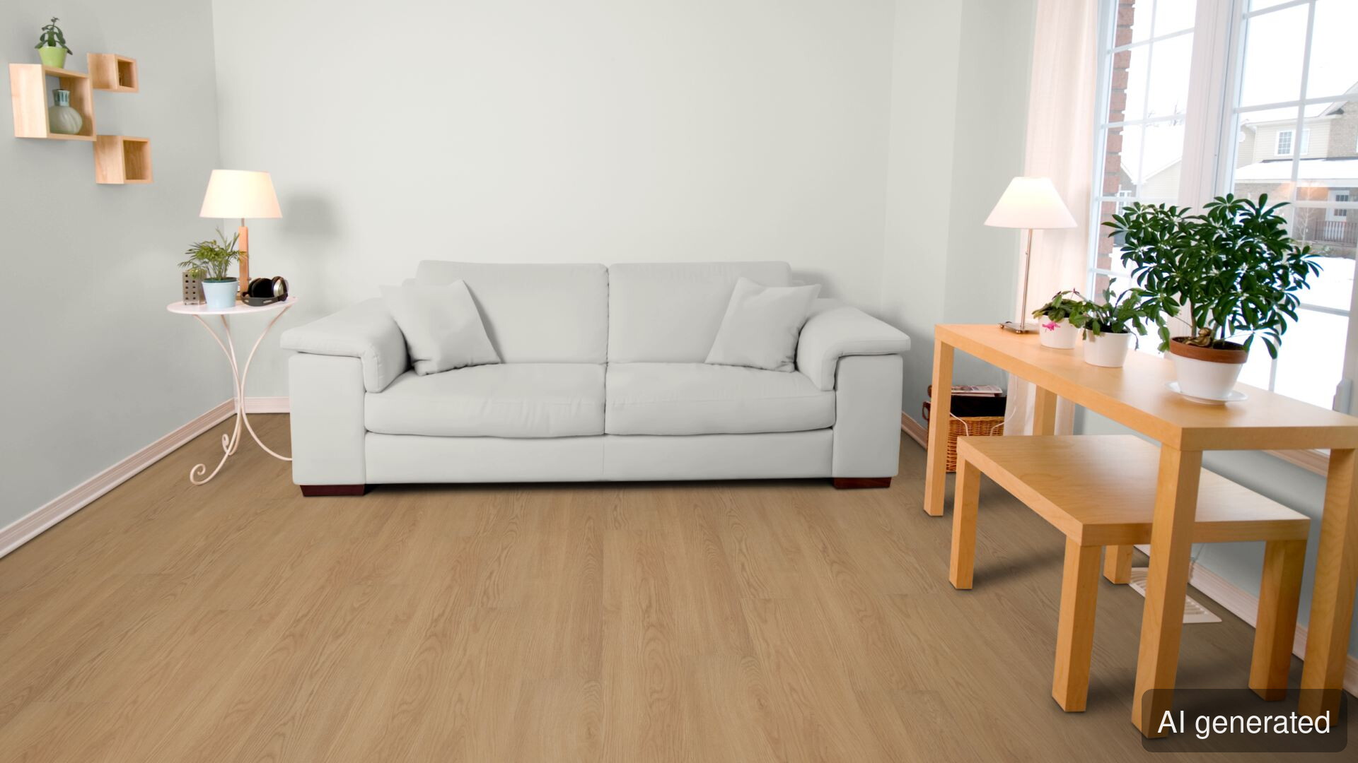 Vinyl-Triton in Eiche-Optik, schwimmend verlegt im Wohnraum, hellbraun