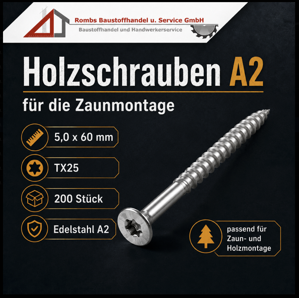 Holzschrauben A2 5,0 x 60 mm TX25, 200 Stück, Edelstahl A2, geeignet für Zaun- und Holzmontage