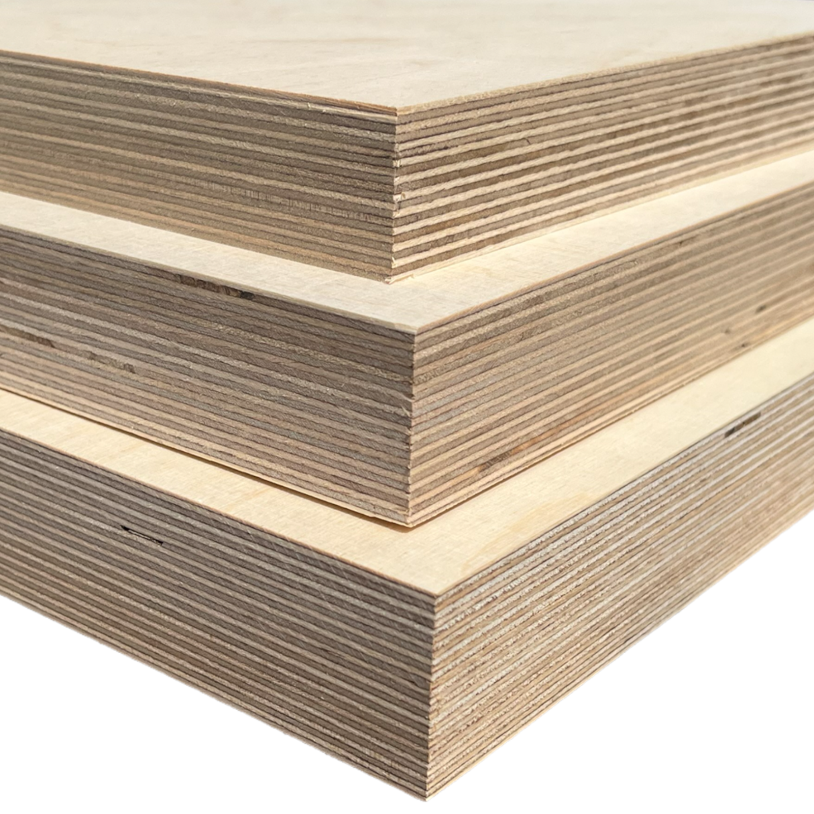 Multiplexplatte MPXP-kl-bi-, 18 mm, mehrlagig, helle Holzoberfläche, Stapel aus drei Platten