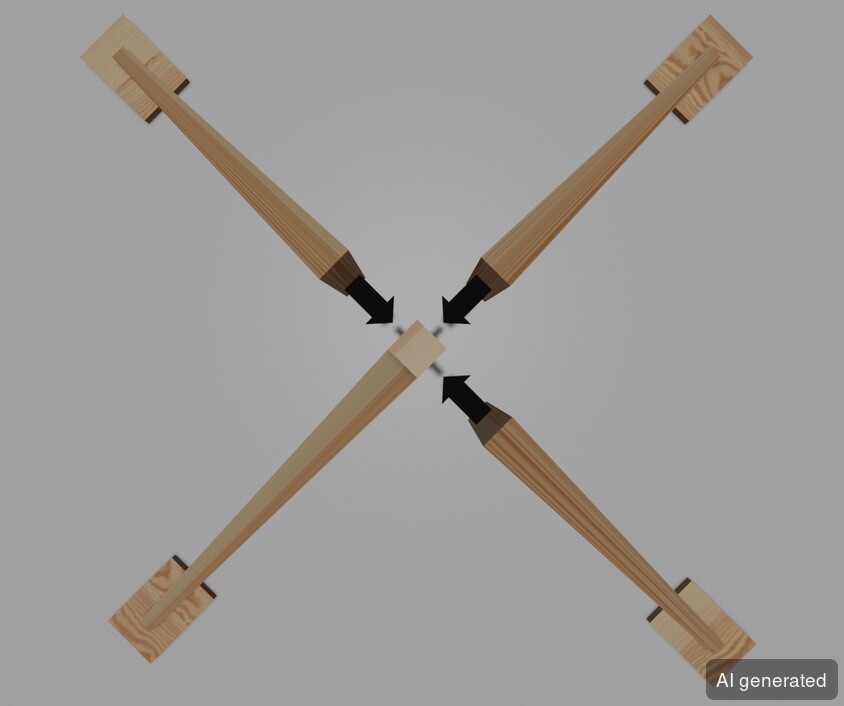 Pyramide-120x120x90, vier Holzpfosten mit quadratischer Basis, Verbindungselemente an den Enden