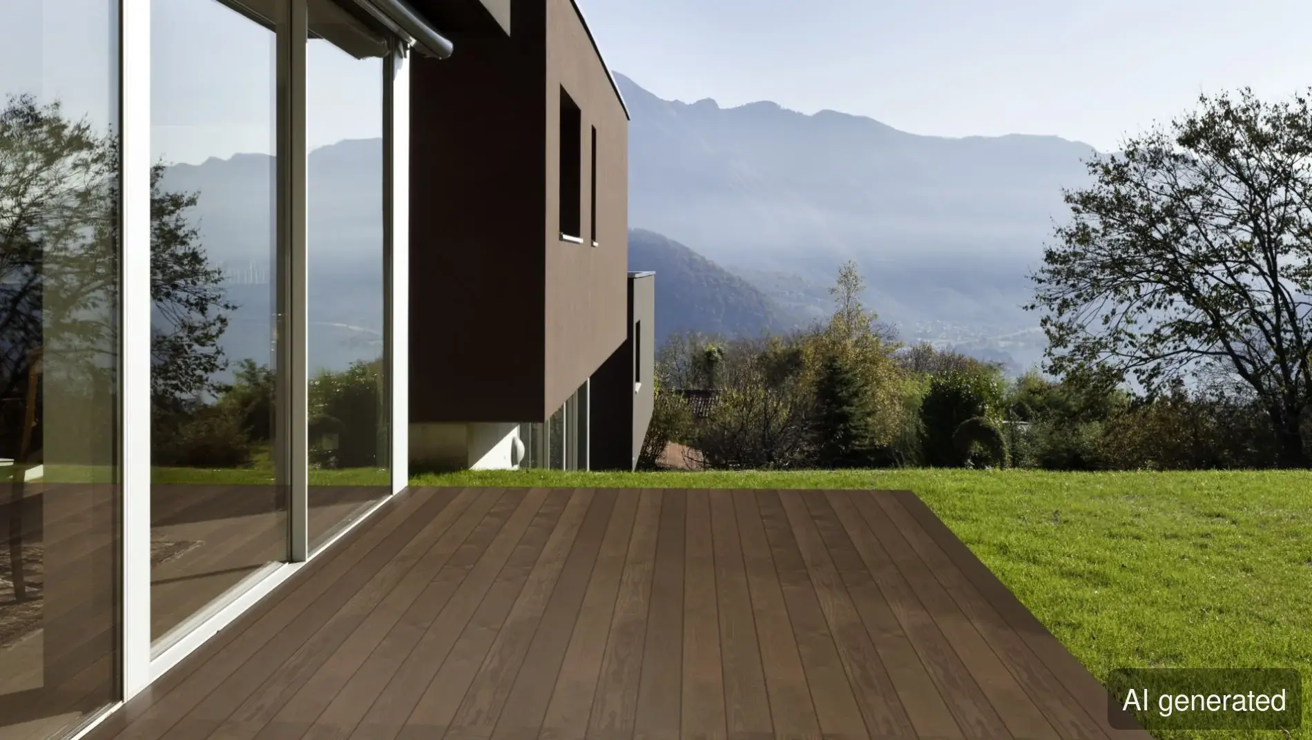 Terrassendiele TD-System-Esche, braun, für Außenbereich, verlegt auf Terrasse mit Blick auf Landschaft und Berge