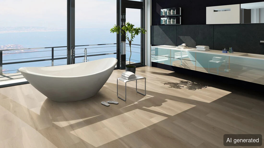Vinyl-Janus Fußbodenbelag in hellem Holzdekor, schwimmend verlegt, ideal für moderne Wohnräume