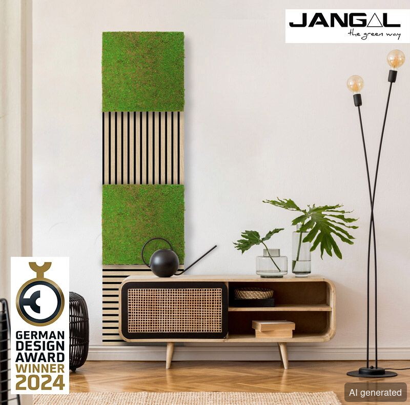 Jangal-ND Wandpaneel mit Moos, grün, dekorativ, für Innenräume, kombiniert mit Holzlatten und modernem Design