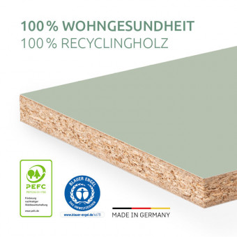 DSP-Organic-R20128-RU, Dekorspanplatte aus 100 % Recyclingholz, grüne Oberfläche, für gesundes Wohnen geeignet