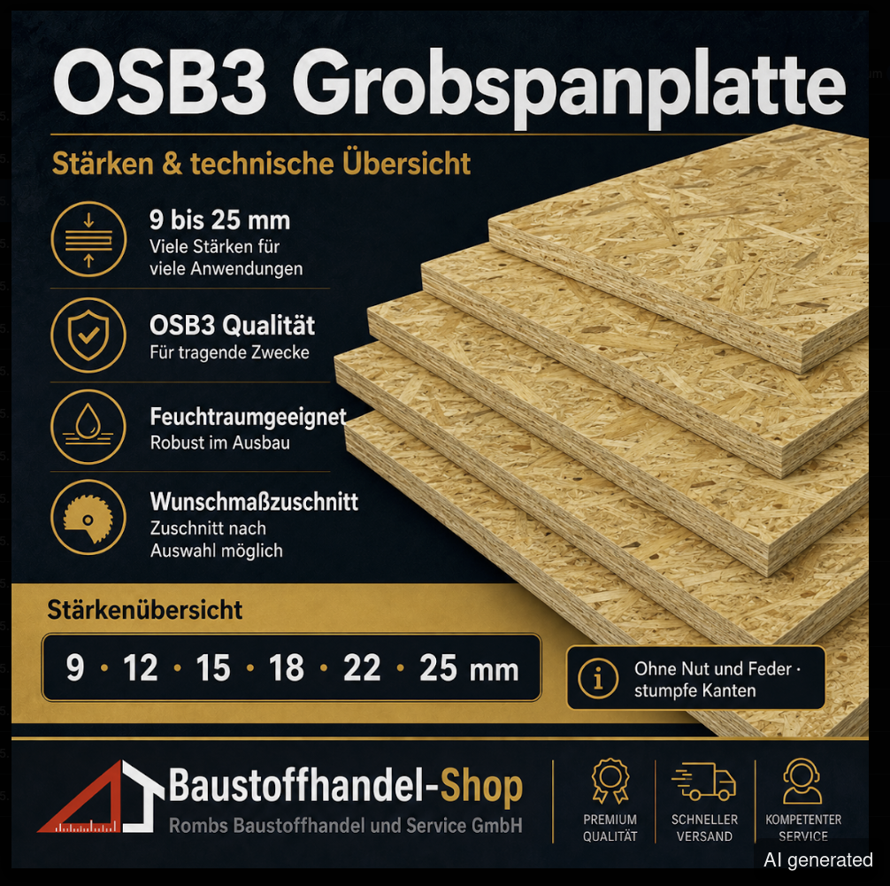 OSB3 Grobspanplatte 15 mm, feuchtigkeitsbeständig, Nut+Feder, verschiedene Stärken 9 bis 25 mm verfügbar