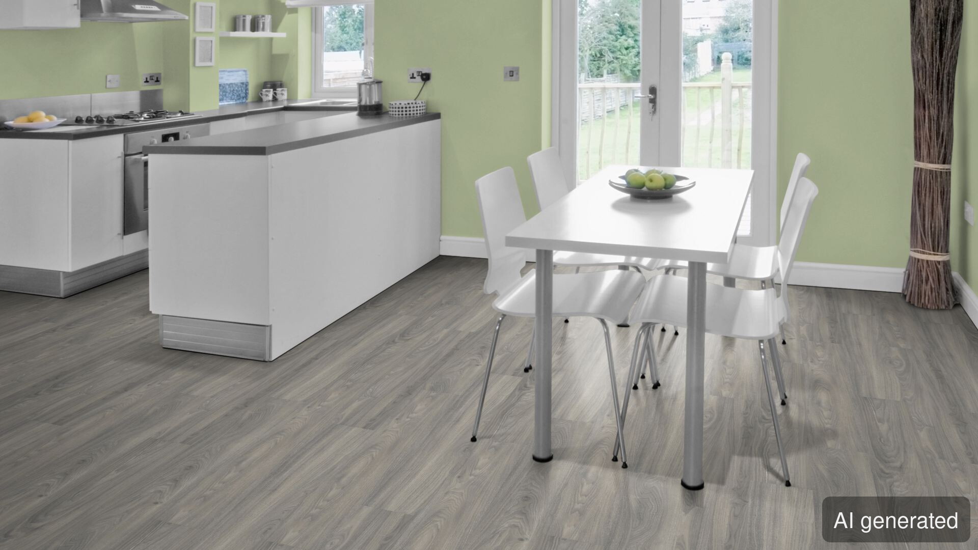 Vinyl-Helios, Holzoptik grau, schwimmend verlegt im Wohnraum, moderne Kücheneinrichtung