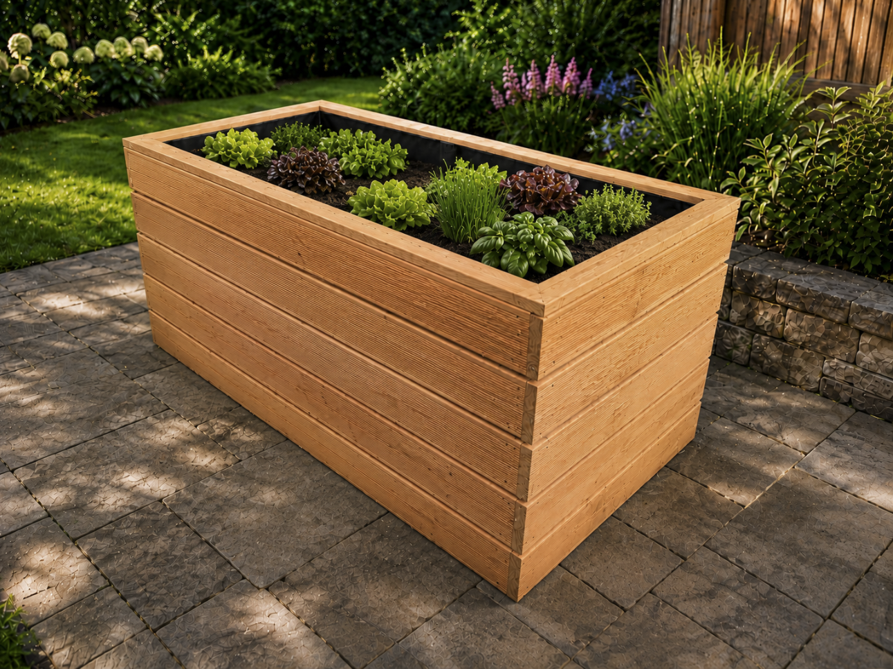 Blumenkasten BKL, fein geriffelt, Lärche, bepflanzt mit verschiedenen Kräutern, rechteckig, im Garten platziert