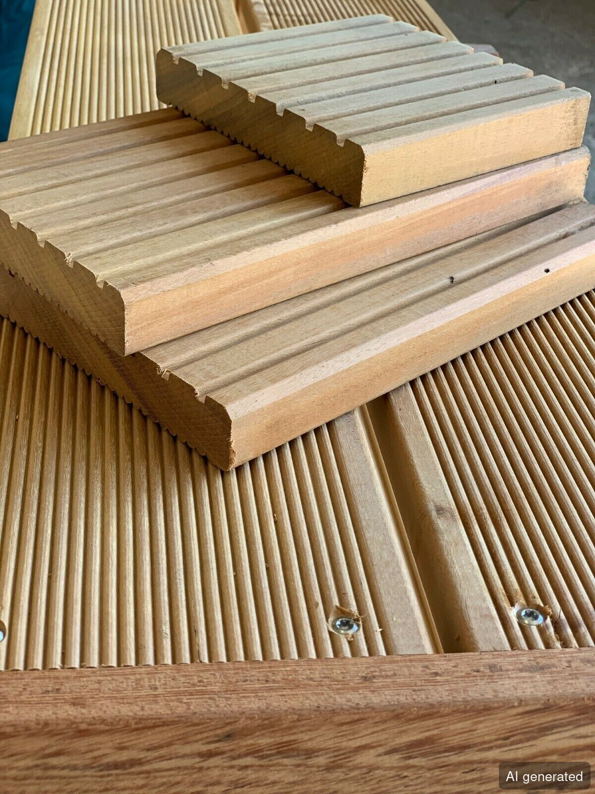 Garapa Terrassendiele grob 1000x145x25 mm, geriffelte Oberfläche, helle Holzfarbe, Stapel aus drei Dielen