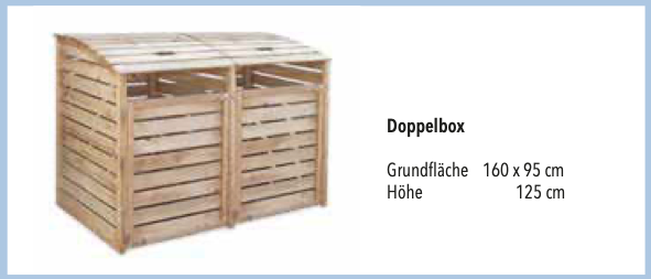 Doppel-Mulltonnenbox aus Holz, Grundfläche 160 x 95 cm, Höhe 125 cm, zwei Fächer mit Deckel