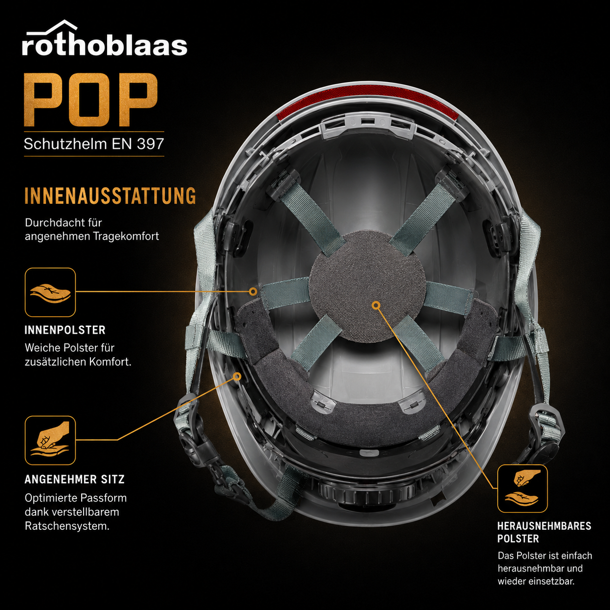 Schutzhelm POPGREY EN 397, Innenausstattung mit weichen Polstern, optimierte Passform, herausnehmbares Polster für Tragekomfo