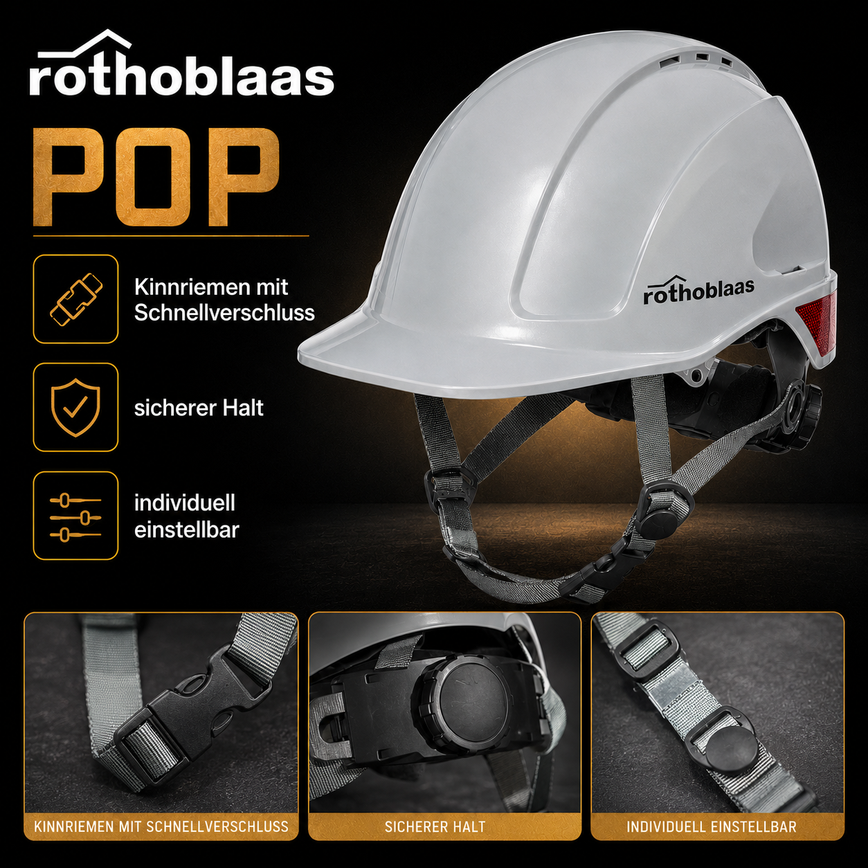 Schutzhelm POP, Kinnriemen mit Schnellverschluss, individuell einstellbar, sicherer Halt