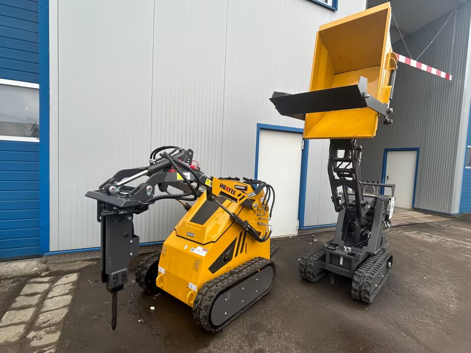 Bagger mit hydraulischem Anbaugerät, gelb, kompakte Bauweise, geeignet für enge Baustellen, mit abnehmbarer Schaufel