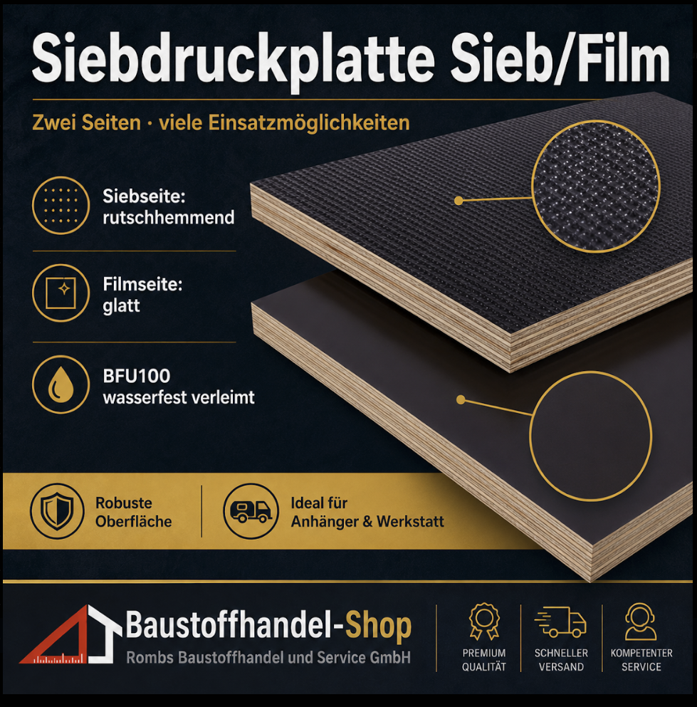 Siebdruckplatte Sieb+Film SD12565-125-10M, zwei Seiten, glatte Oberfläche, wasserfest verleimt, robuste Oberflächen, ideal fü