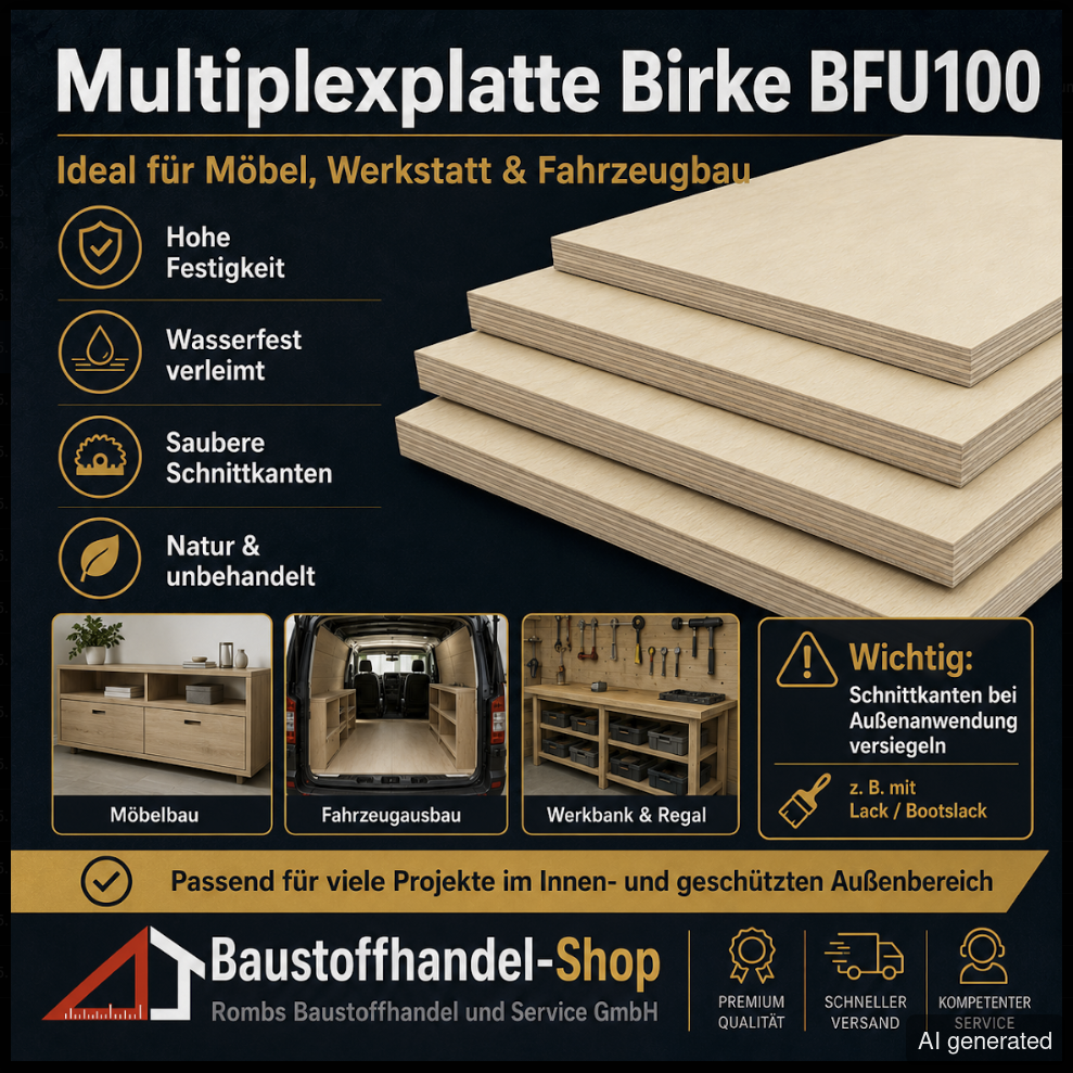Multiplexplatte Birke MBFU 6,5 mm, hohe Festigkeit, saubere Schnittkanten, geeignet für Möbel, Werkstatt und Fahrzeugbau
