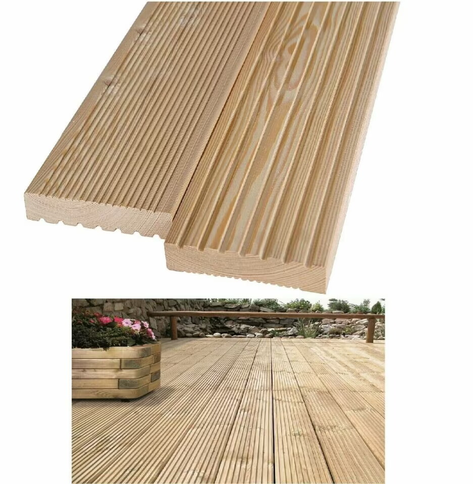 Terrassendiele TD-kD-, 26x145 mm, geriffelte und glatte Oberfläche, helles Holz, geeignet für Außenbereiche