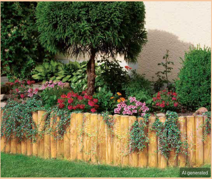 Palisade-stumpf, Holz, naturbelassen, zur Gartenbegrenzung, bepflanzt mit Blumen und Pflanzen