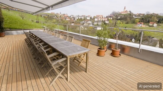 Terrassendiele TD-KD-AB-kL-27-143-, 27 mm dick, 143 mm breit, für Außenbereich geeignet, hellbraun, verlegt auf Terrasse