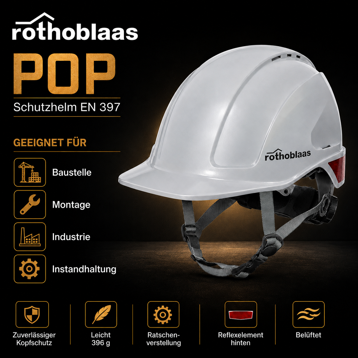 Schutzhelm POP EN 397, leicht 396 g, mit Ratscheneinstellung, geeignet für Baustelle, Montage, Industrie, belüftet
