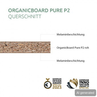 DSP-Organic-R20128-RU Querschnitt, Melaminbeschichtung, OrganicBoard Pure P2 roh, Melaminbeschichtung