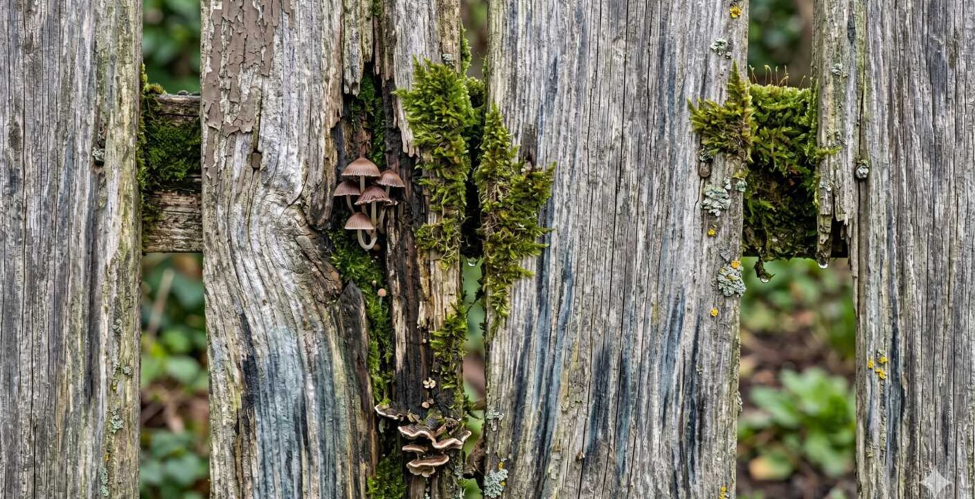 Holz befallen von Moos Bläue und Pilzen AI generiert
