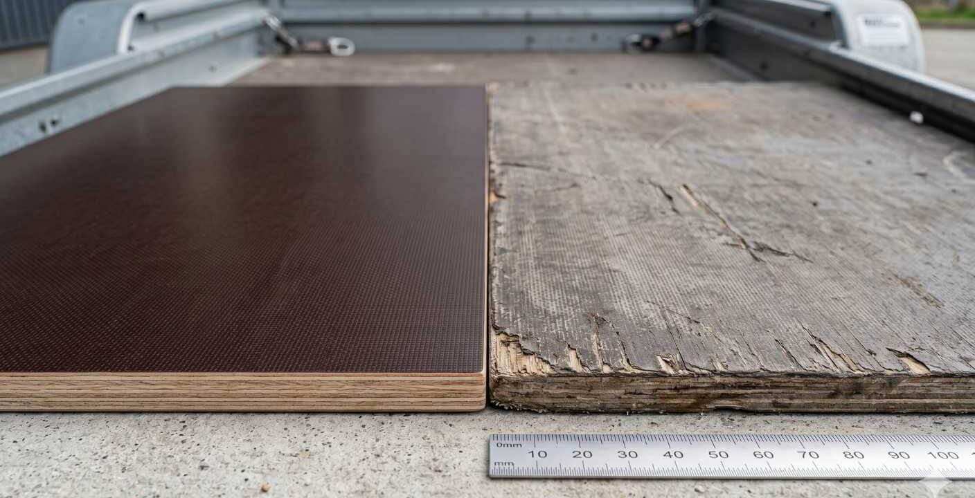 Zwei Siebdruckplatten im Vergleich bei einer sieht man das diese richtig schlecht im Zustand ist da nie behandelt wurde.