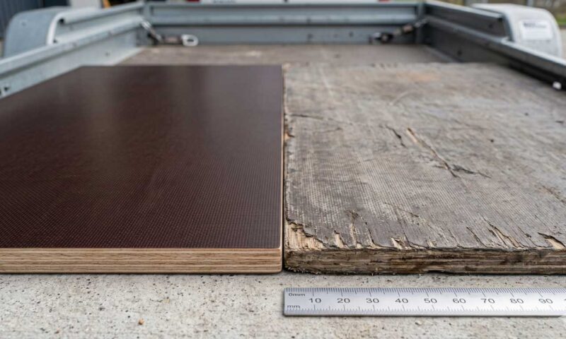 Zwei Siebdruckplatten im Vergleich bei einer sieht man das diese richtig schlecht im Zustand ist da nie behandelt wurde.