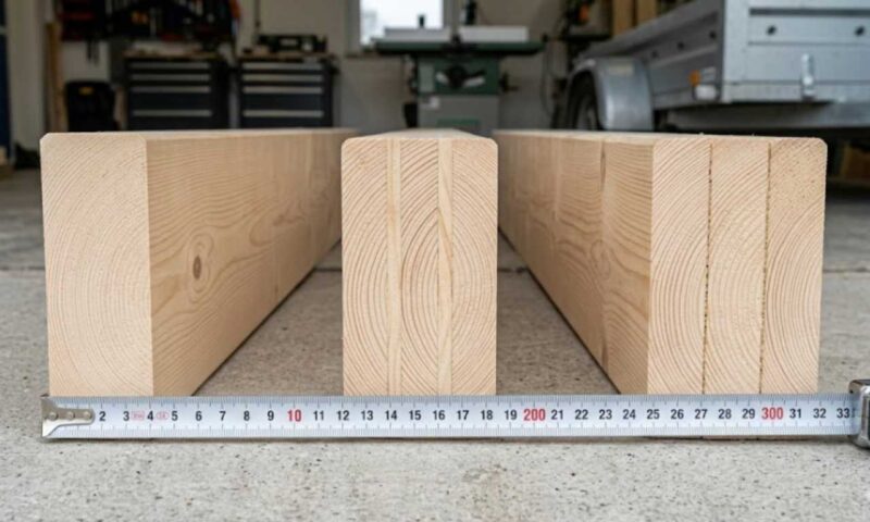 Verschiedene Holzbalken mit einem Zollstock in der Front.
