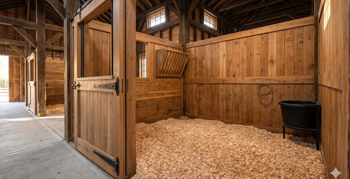 Pferdebox aus Holz mit Stroh auf dem Boden