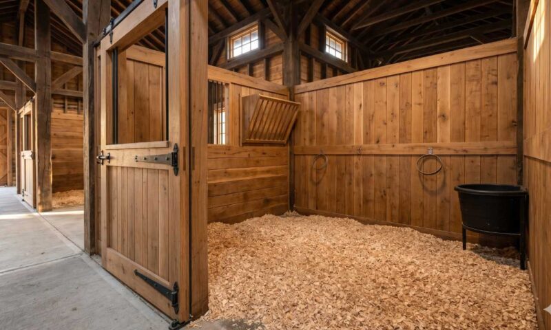Pferdebox aus Holz mit Stroh auf dem Boden