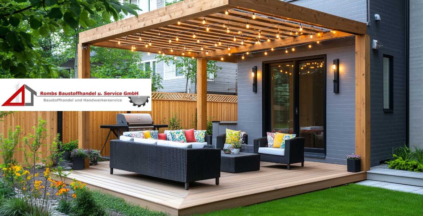 Moderne Terrasse mit Holzdielen als Boden und Holzüberdachung